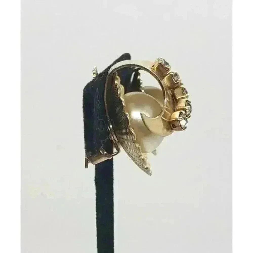 Vintage Clip Earrings Faux Pearl, Gold & Rhinestone Wrap Design Fluted Base - Picture 6 of 7